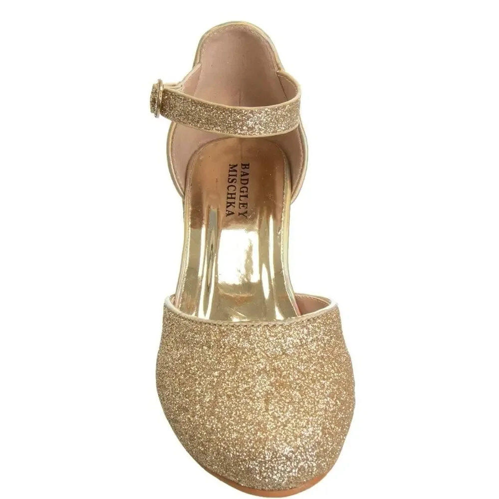 Badgley Mischka Girls Dress Shoes, Kids Party Slip-OnPumps, Gold Glittery Size 4